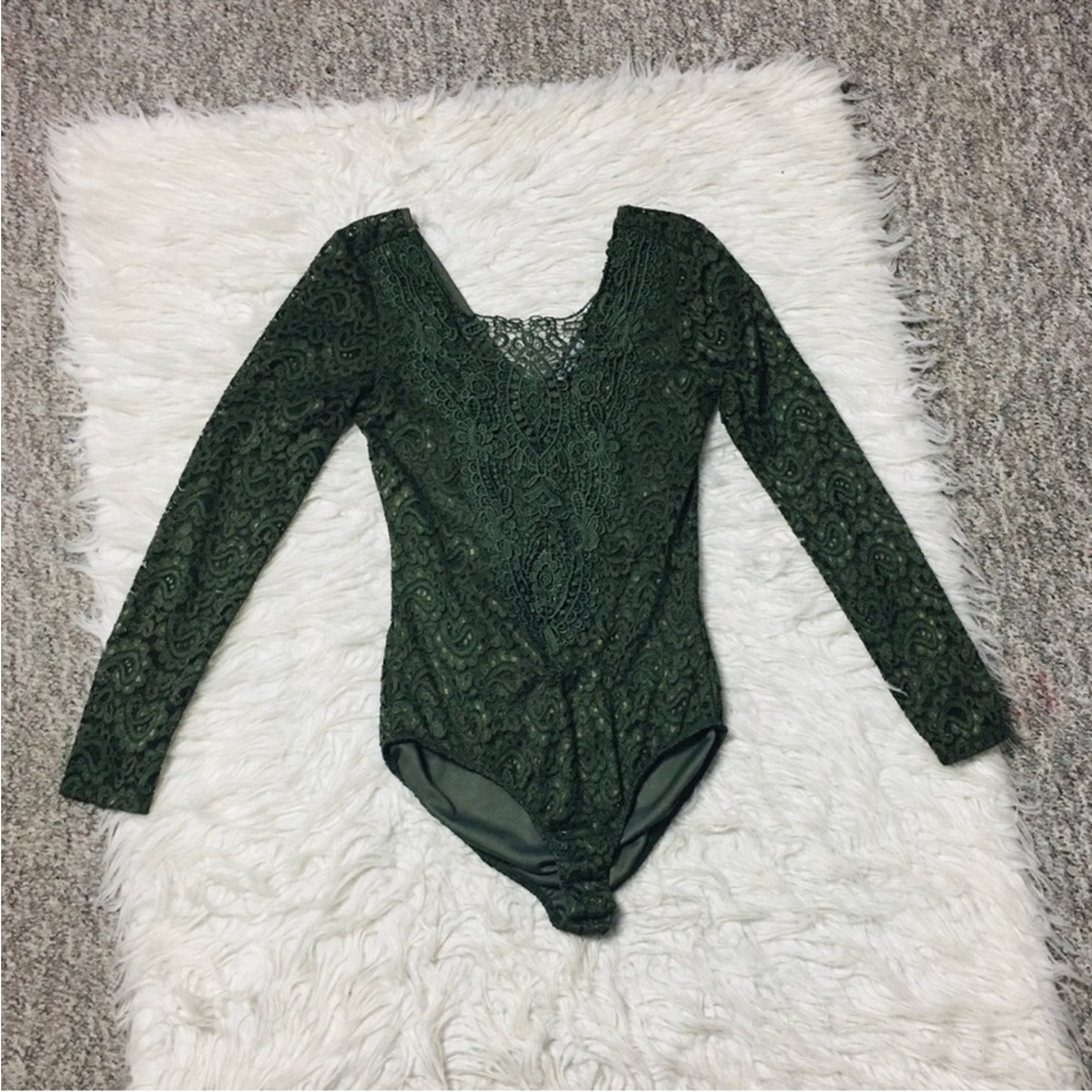 Charlotte Russe Paisley Lace Long Sleeve Bodysuit Olive Green Small Night Out - Picture 2 of 8